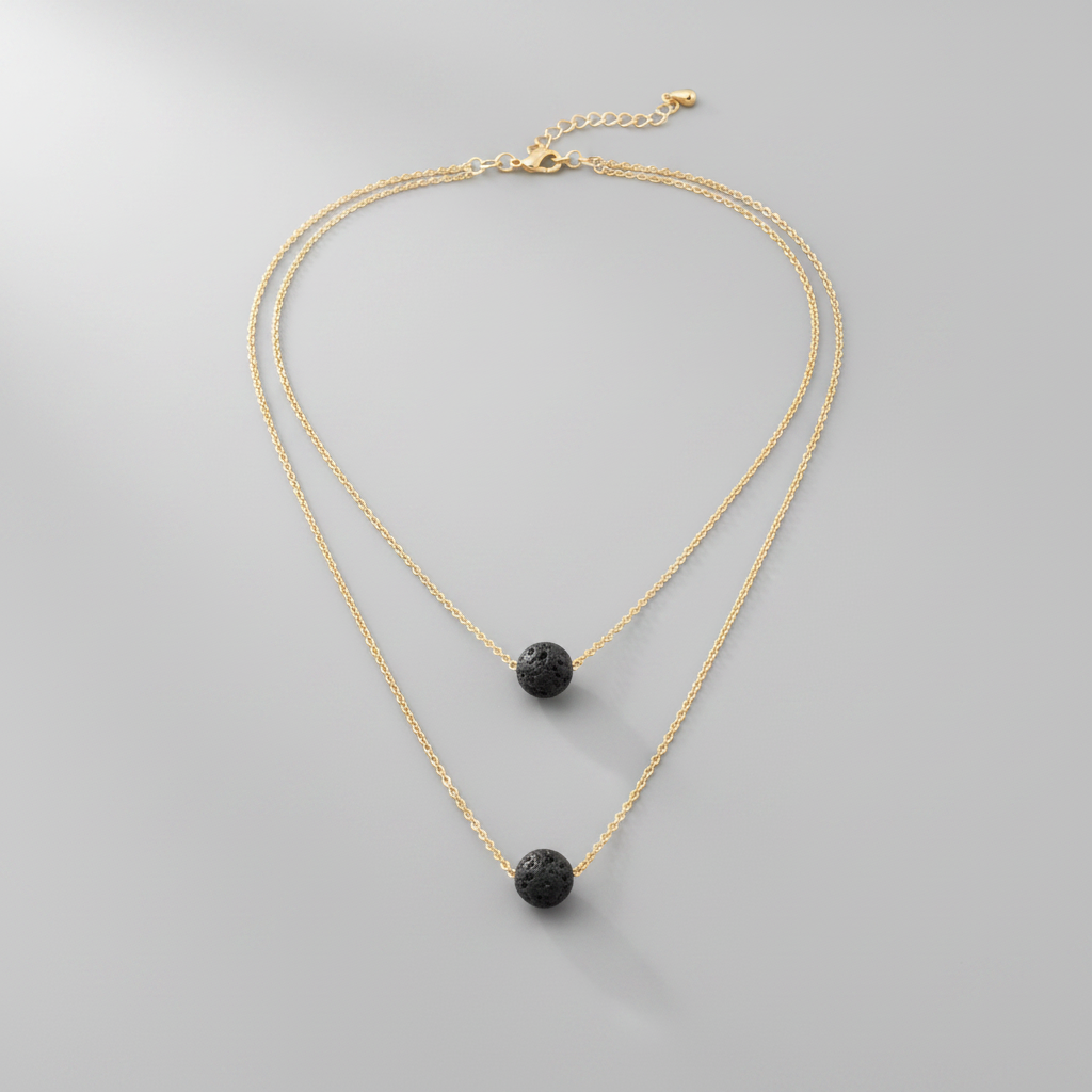 Aromatherapy Double Layer Black Lava Stone Necklace, Gold Plated